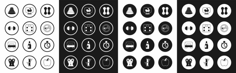 Set Dumbbell, Bathroom scales, Stack hot stones, No Smoking, Bodybuilder muscle, Stopwatch and Big bed icon. Vector