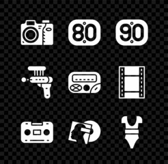 Set Photo camera, 80s Retro, 90s, audio cassette tape, Vinyl disk, Swimsuit, Ray gun and Pager icon. Vector