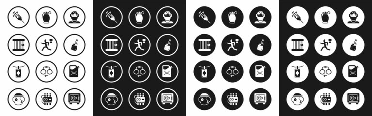 Set Thief mask, Murder, Prison window, Syringe, Lighter, Hand grenade, Canister fuel and Money laundering icon. Vector