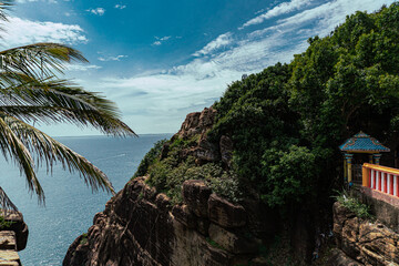 Tropikalny nadmorski krajobraz, widok klifu z palmami.