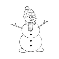 Snowman. Cartoon style, outline. Vector illustration.