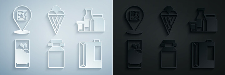 Set Can container for milk, Milk product, Glass with, Paper package kefir, Ice cream waffle cone and Cheese icon. Vector