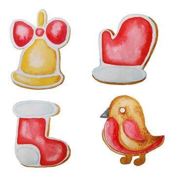 Gingerbread cookies set of watercolor illustration. Hand drawn elements of Christmas baking on an isolated background. Bell, boot, mitten, bird. New year clipart. Festive cookies.