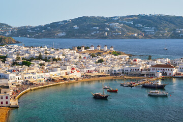 Fototapeta na wymiar Mykonos island port with boats, Cyclades islands, Greece