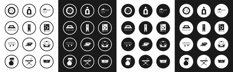 Set Washing powder, Clothes pin, Brush for cleaning, Washer, Bottle agent, Basin with shirt and Squeeze clothes icon. Vector