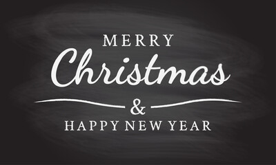 Merry Christmas and Happy New Year typography text drawing with chalk on chalkboard background. Xmas font for greeting card or holiday banner. Vector illustration.