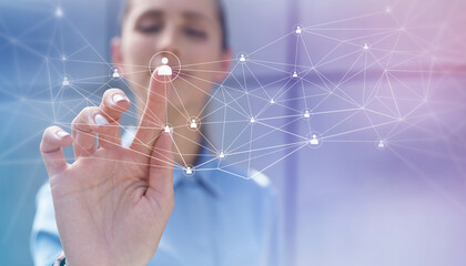Businesswoman touching social network connection on digital display