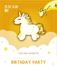 Postcard with a unicorn. Child's birthday invitation. Cute unicorn in sequins