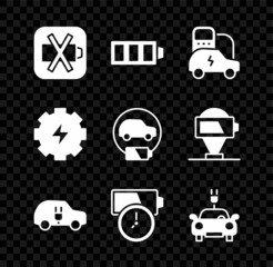 Set Low battery, Battery charge, Electric car, Gear and lightning and icon. Vector