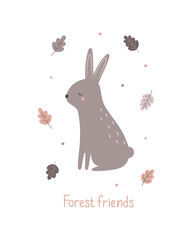A postcard with a cute rabbit. A hand-drawn hare. Vector illustration for children's room decoration, T-shirt print, greeting card