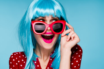 beautiful woman in blue wig sunglasses Glamor close-up