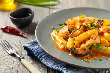 Traditional Korean Tteokbokki rice noodles with chicken, vegetables and shitake mushrooms. Prepared in a pan.