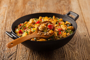 Buckwheat with chicken and vegetables.