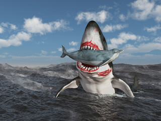 Großer weißer Hai springt aus dem stürmischen Meer mit seiner Beute im Maul © Michael Rosskothen