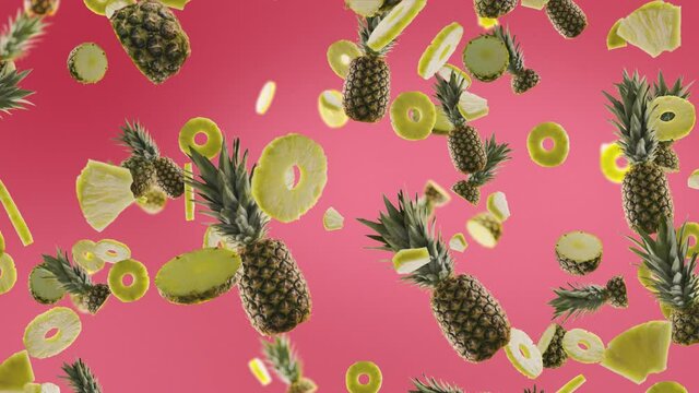 Pineapples with Slices Falling on Light Fuchsia Background.