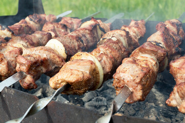 Marinated shashlik preparing on a barbecue grill over charcoal. Shashlik or Shish kebab popular in Eastern Europe. Shashlyk (skewered meat) was originally made of lamb. Roast Beef Kebabs On BBQ Grill.
