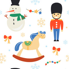 Christmas pattern with soldier, snowman, toy horse and snowflakes. Bright festive background. Vector illustration.