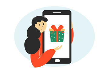 Christmas shopping online. Happy girl with smartphone. Christmas background for sales or online shopping. Vector illustration.