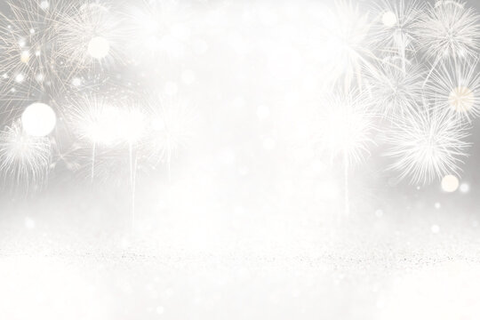 Silver gold fireworks and bokeh in New Year eve, copy space. Abstract background holiday