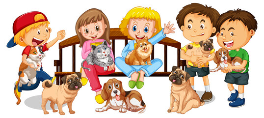 Kids with their dogs and cats on white background