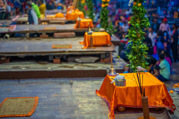 Ganga aarti ceremony rituals were performed by Hindu priests at Dashashwamedh Ghat and Assi Ghat in Varanasi Uttar Pradesh India