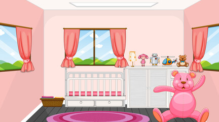 Pink bedroom interior design with furniture for kids