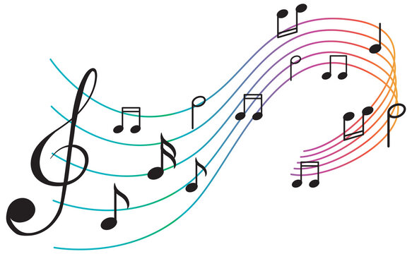 Musical symbols wave on white background