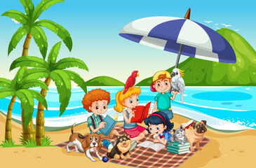Obraz na płótnie Canvas Beach scene with children playing with their dogs
