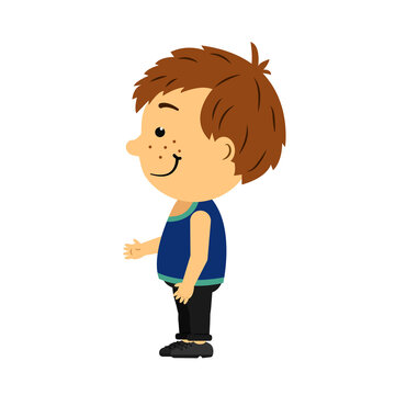 A cartoon boy stands in profile. Vector image of a boy in profile for animation. A child with a smile. Red hair and freckles on the face.