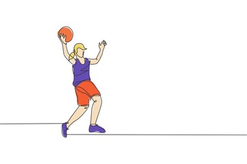 One continuous line drawing young basketball woman player catch the ball. Competitive teamwork sport concept. Dynamic single line draw design graphic vector illustration for tournament promotion media