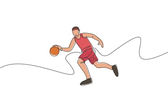 Single continuous line drawing of young healthy basketball player dribbling a ball. Competitive sport concept. Trendy one line draw design vector illustration for basketball tournament promotion media