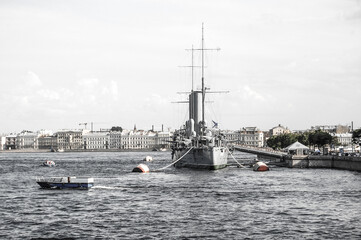 Towage of a historical cruiser Aurora to a place of repair in dock, St.-Petersburg, Russia