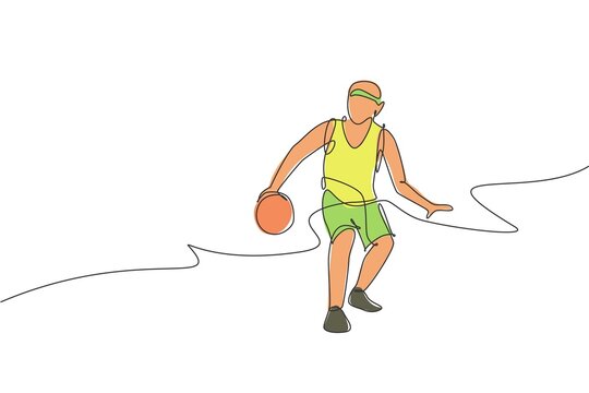 One continuous line drawing of young basketball player training at court field. Team sport concept. Dynamic single line draw design graphic vector illustration for sport competition poster and banner
