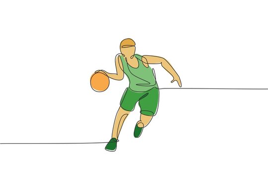 Single continuous line drawing of young agile basketball player dribbling the ball. Competitive sport concept. Trendy one line draw design vector illustration for basketball tournament promotion media