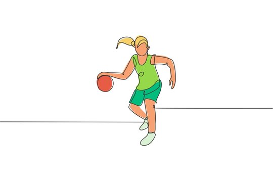 One continuous line drawing of young basketball player running at court. Team sport concept. Dynamic single line draw design vector illustration for basketball championship match publication poster