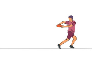 Obraz premium One continuous line drawing of young male rugby player catch the ball. Competitive aggressive sport concept. Dynamic single line draw design vector illustration for rugby tournament promotion media