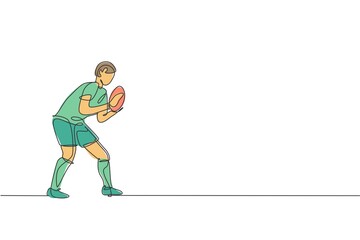 Fototapeta premium One continuous line drawing of young man rugby player catch the ball at match. Competitive aggressive sport concept. Dynamic single line draw design vector illustration for tournament promotion media