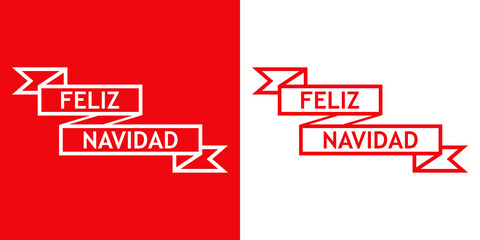 Banner con texto Feliz Navidad en español en cinta con líneas en fondo rojo y fondo blanco para su uso en invitaciones y tarjetas de felicitación