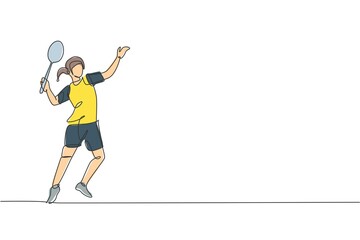 One single line drawing young energetic badminton player ready to hit shuttlecock vector graphic illustration. Healthy sport concept. Modern continuous line draw design for badminton tournament poster