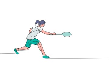 One single line drawing of young energetic badminton player take opponent's hit graphic vector illustration. Healthy sport concept. Modern continuous line draw design for badminton tournament poster