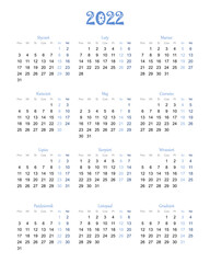 Calendar for 2022 year with polish characters blue