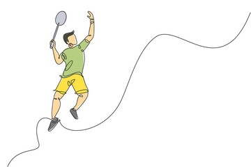 Single continuous line drawing young agile badminton player jumping smash shuttlecock. Competitive sport concept. One line draw design graphic vector illustration for badminton tournament publication