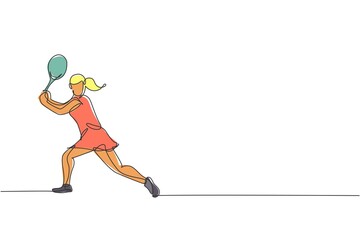 Fototapeta premium Single continuous line drawing of young agile woman tennis player try holding the ball. Sport exercise concept. Trendy one line draw design vector illustration for tennis tournament promotion media