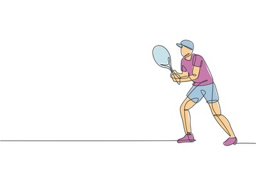 Single continuous line drawing of young agile tennis player concentrate to hit the ball. Sport exercise concept. Trendy one line draw design vector illustration for tennis tournament promotion media