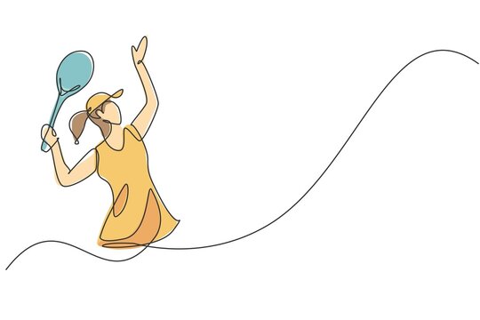 Single continuous line drawing young agile woman tennis player doing service hit. Sport exercise concept. Trendy one line draw design graphic vector illustration for tennis tournament promotion media