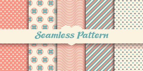 Set of 5 spring vintage seamless patterns, Flow, square, Cross, background, Vector illustration. For scrapbooking, cards, textile, fabric, invitations.