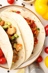 Tasty taco on grey textured background, close up