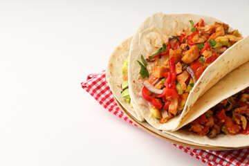Concept of tasty food with taco on white background