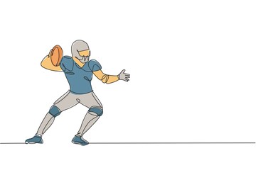 Single continuous line drawing young agile man american football player stance to pass the ball for competition media. Sport exercise concept. Trendy one line draw design vector graphic illustration