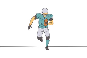 Obraz premium Single continuous line drawing of young agile american football player running fast towards goal line for competition media. Sport exercise concept. Trendy one line draw design vector illustration